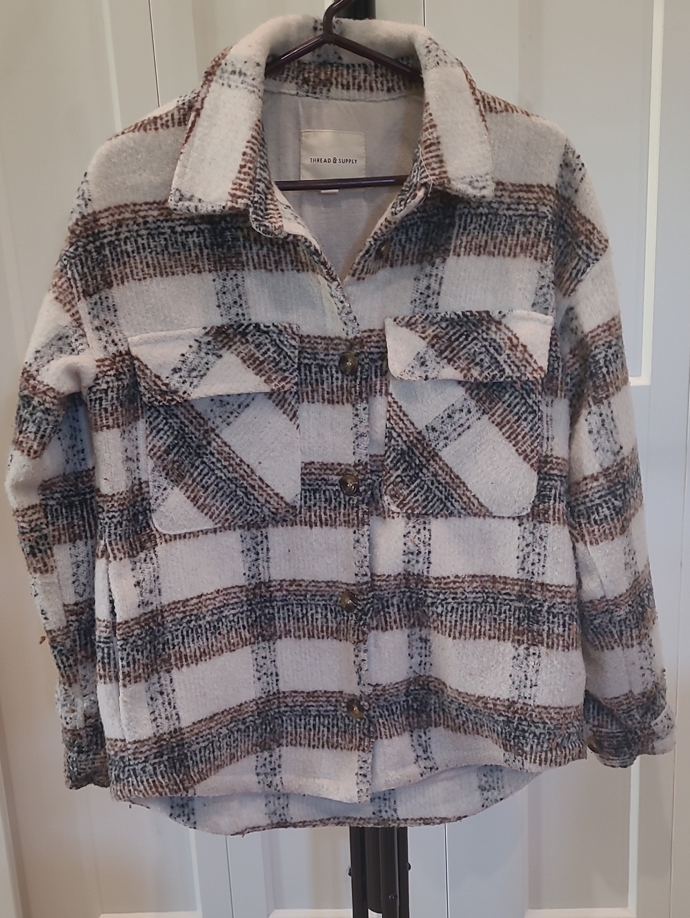 Thread & Supply Ivory and Brown Plaid Teddy Shacket